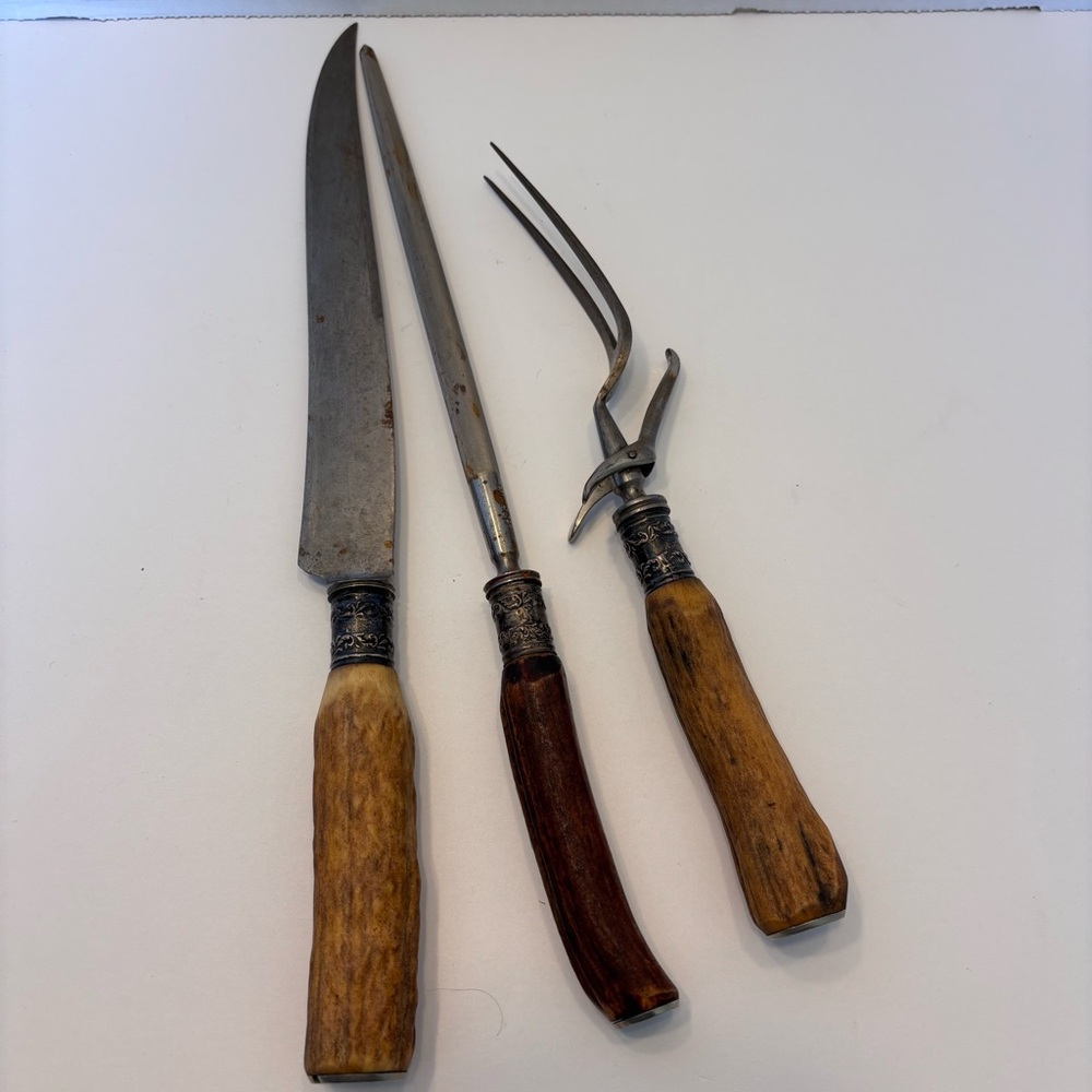 Antique Vintage Antler Handle Handle Carving Set w/ Silver Plated Ferrules Rare